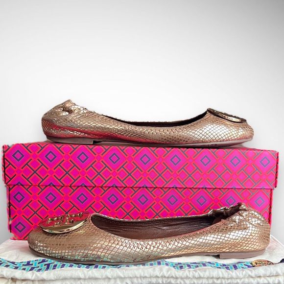Tory Burch Gold Snakeskin Embossed Leather Reva Logo Ballerina Flats Sz 7(M) - Picture 3 of 14